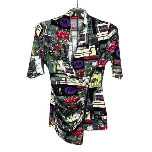 🌟 San Francisco Graphic Print Shortsleeve Faux Wrap Zipper Shirt Size M - Picture 1 of 5